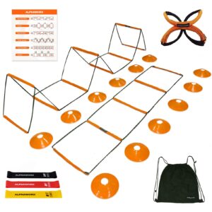 alphaworx all-in-one agility ladder agility training equipment foldable instant set-up tangle-free design 8+4 rung speed ladder workout ladder with 12 soccer cones & 3 resistance band & 1 storage bag