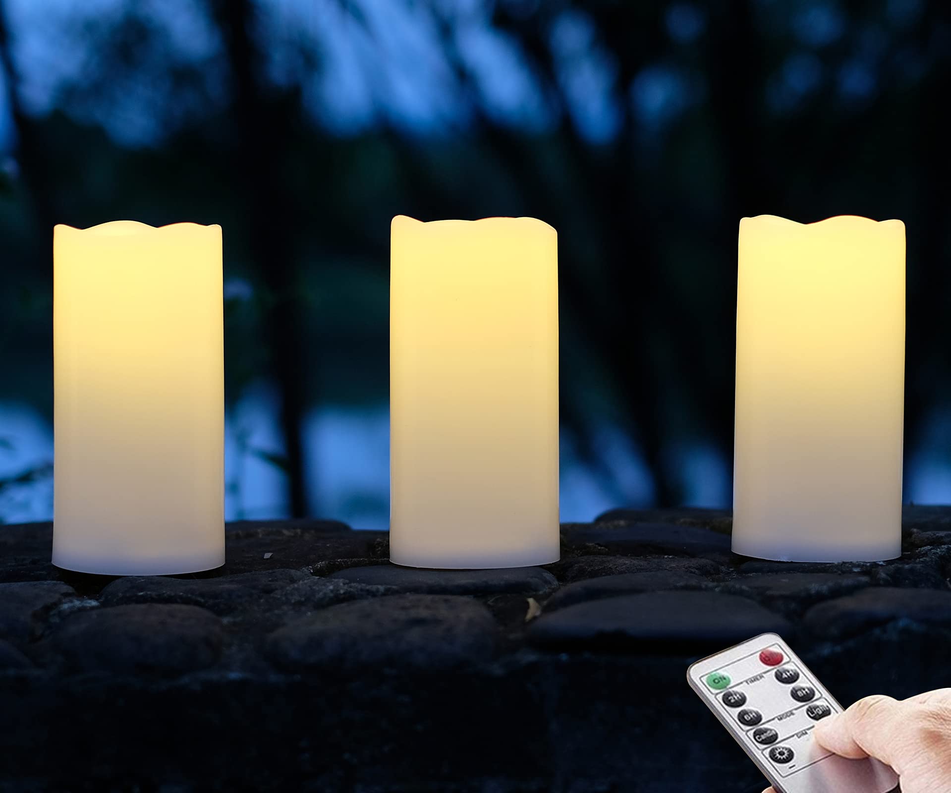 NONNO&ZGF 3X 6'' Outdoor Waterproof Flameless Candles, 3 Pack, Warm White LED Resin Rainproof Pillar Battery Plastic Candle with Remote Control/Timer.