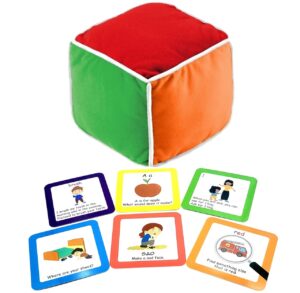 thought-spot: play & learn cube; roll and play game for toddlers; 1st learning game!; teaches colors, numbers, emotions, language; roll cube, pick a card, have fun!; roll and play cube game