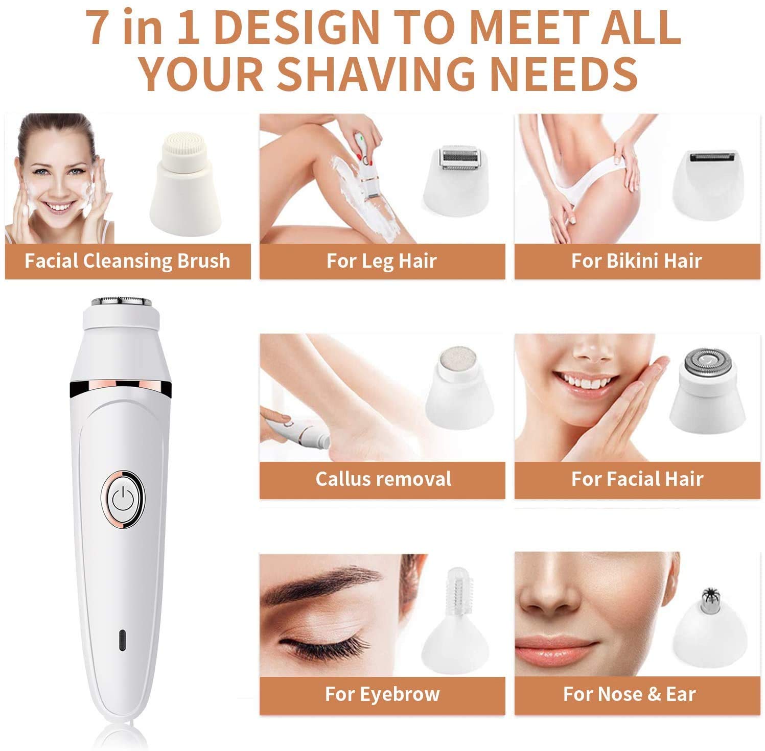 Women Electric Shavers, 7 in 1 Electric Razor for Women, Wet & Dry Lady Hair Remover Rechargeable Bikini Trimmer, Lady Shaver Kit for Women Face, Body, Nose Hair, Eyebrow, Arms, Legs