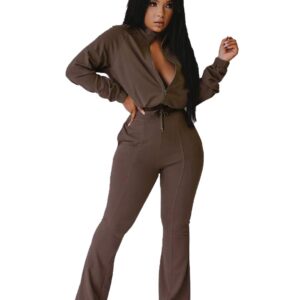 Bluewolfsea Tracksuit for Women Set - Two Piece Outfits Casual Long Sleeve Zip Top Sweatshirt + Bell Bottoms Jogging Sets Medium Brown