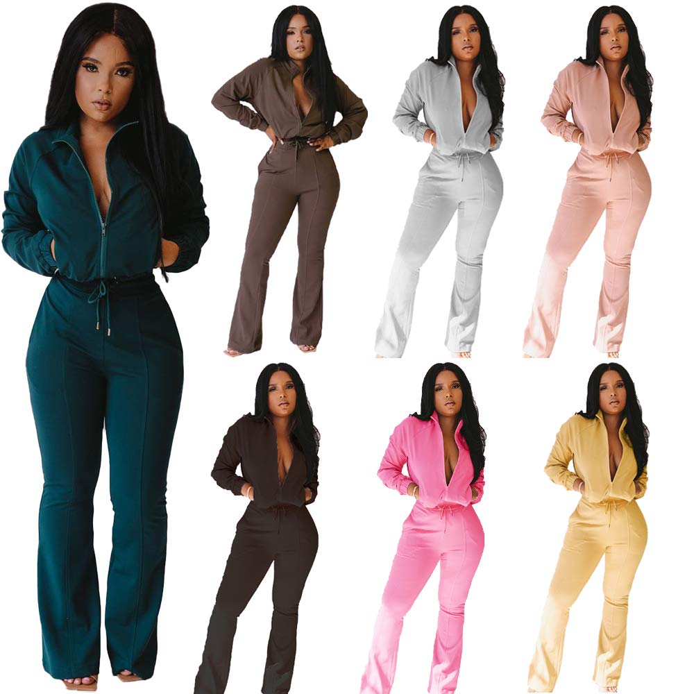 Bluewolfsea Tracksuit for Women Set - Two Piece Outfits Casual Long Sleeve Zip Top Sweatshirt + Bell Bottoms Jogging Sets Medium Brown