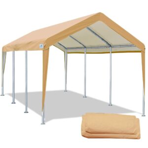 advance outdoor adjustable 10x20 ft heavy duty carport car canopy garage shelter boat party tent, adjustable heights from 9.5ft to 11.0ft, removable sidewalls and doors, beige