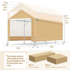 ADVANCE OUTDOOR Adjustable 10x20 ft Heavy Duty Carport Car Canopy Garage Shelter Boat Party Tent, Adjustable Heights from 9.5ft to 11.0ft, Removable Sidewalls and Doors, Beige