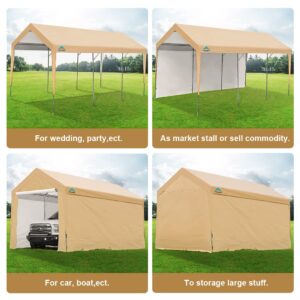 ADVANCE OUTDOOR Adjustable 10x20 ft Heavy Duty Carport Car Canopy Garage Shelter Boat Party Tent, Adjustable Heights from 9.5ft to 11.0ft, Removable Sidewalls and Doors, Beige