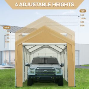 ADVANCE OUTDOOR Adjustable 10x20 ft Heavy Duty Carport Car Canopy Garage Shelter Boat Party Tent, Adjustable Heights from 9.5ft to 11.0ft, Removable Sidewalls and Doors, Beige