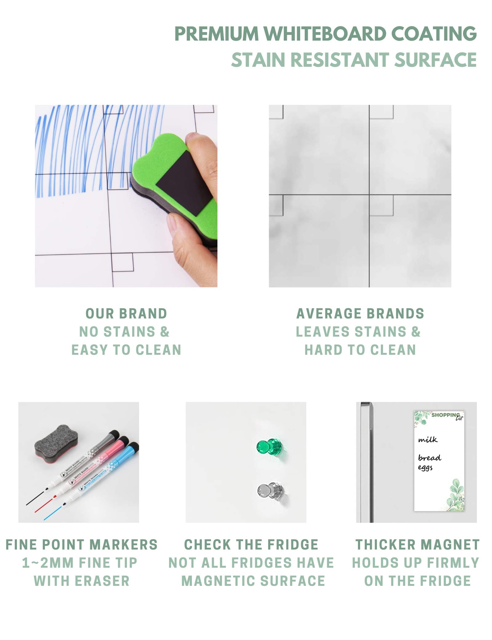 Monthly Magnetic Calendar for Refrigerator (Leaf) | Set of 3 Vertical Magnetic Dry Erase Board: Magnetic Fridge Planner 12 x 17 Inch, Shopping List & to Do List 4 x 8 Inch | 3 Markers & 1x Eraser