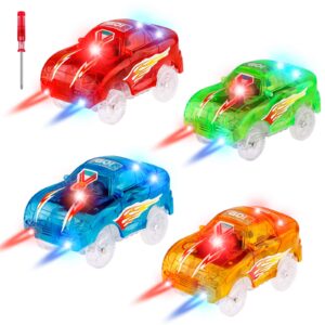 4pcs tracks cars replacement only - light up magic cars for tracks compatible with glow in the dark toy cars with 5 led flashing lights for most race tracks, toys for 3+ years old childs boy and girls