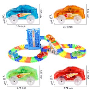 4pcs Tracks Cars Replacement Only - Light Up Magic Cars for Tracks Compatible with Glow in the Dark Toy Cars with 5 Led Flashing Lights for Most Race Tracks, Toys for 3+ Years Old Childs Boy and Girls