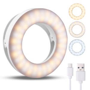 benbilry clip on selfie ring light, compatible with iphone 15/14/13/12 series, rechargeable mini circle light with 3 light modes / 4-level brightness for iphone/android cell phone ipad laptop