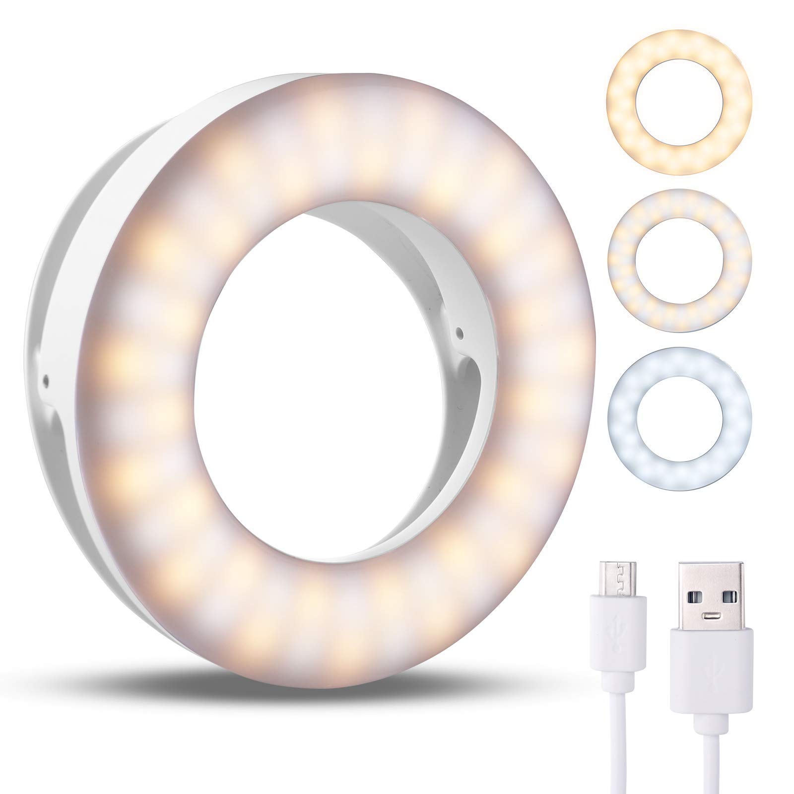 Benbilry Clip On Selfie Ring Light, Compatible with iPhone 15/14/13/12 Series, Rechargeable Mini Circle Light with 3 Light Modes / 4-Level Brightness for iPhone/Android Cell Phone iPad Laptop