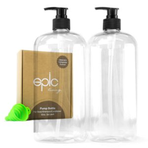 2 pack empty pump bottles - plastic pump dispenser bottle with black pump, gift box, and collapsible funnel for hair shampoo, conditioner, hand soap, laundry detergent, and hand lotion