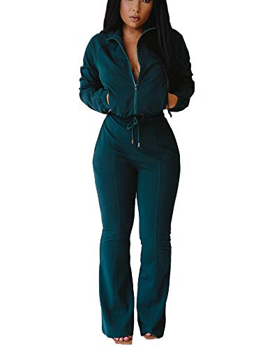 Bluewolfsea Tracksuit for Women Set - Two Piece Outfits Casual Long Sleeve Zip Top Sweatshirt + Bell Bottoms Jogging Sets Large Green