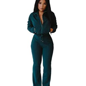 Bluewolfsea Tracksuit for Women Set - Two Piece Outfits Casual Long Sleeve Zip Top Sweatshirt + Bell Bottoms Jogging Sets Large Green