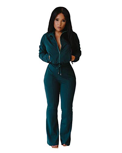 Bluewolfsea Tracksuit for Women Set - Two Piece Outfits Casual Long Sleeve Zip Top Sweatshirt + Bell Bottoms Jogging Sets Large Green