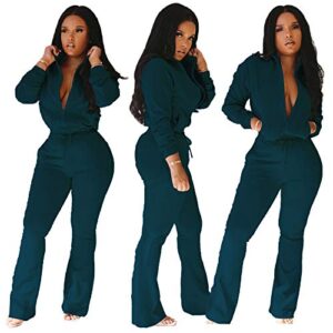 Bluewolfsea Tracksuit for Women Set - Two Piece Outfits Casual Long Sleeve Zip Top Sweatshirt + Bell Bottoms Jogging Sets Large Green