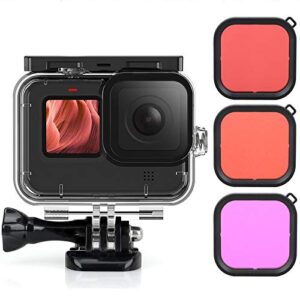 QKOO for GoPro Hero 12 11 10 9 Black Underwater Waterproof Housing Case + Red/Pink/Purple Diving Filter for Gopro Hero 9 10 11 12 Black Accessory