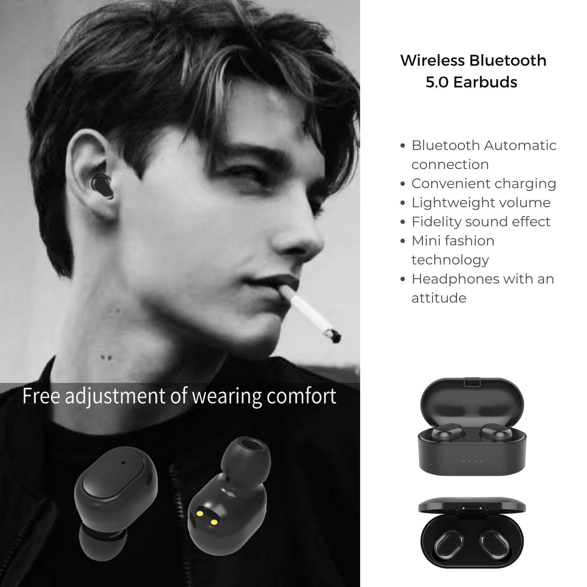 Smart Noise Reduction Wireless Bluetooth 5.0 Earbuds Headphones with Compact Charging Case Compatible with iOS Apple iPhone and Android Samsung - Black