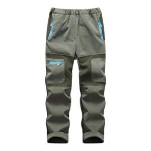 linlon kids boy's snow waterproof pants youth fleece lind hiking softshell warm insulated ski trousers 9056-army green-l