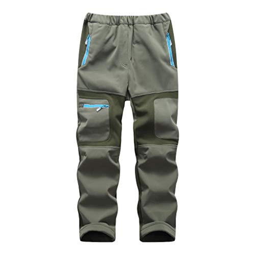 linlon Kids Boy's Snow Waterproof Pants Youth Fleece Lind Hiking Softshell Warm Insulated Ski Trousers 9056-Army Green-L