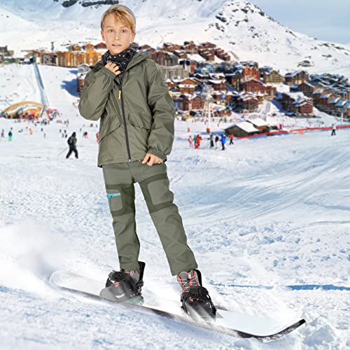 linlon Kids Boy's Snow Waterproof Pants Youth Fleece Lind Hiking Softshell Warm Insulated Ski Trousers 9056-Army Green-L