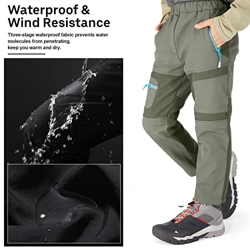 linlon Kids Boy's Snow Waterproof Pants Youth Fleece Lind Hiking Softshell Warm Insulated Ski Trousers 9056-Army Green-L