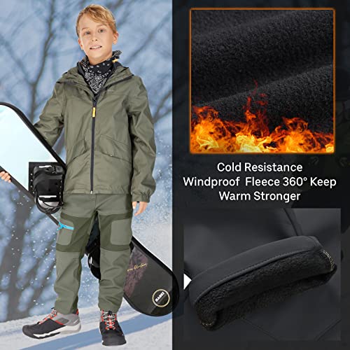 linlon Kids Boy's Snow Waterproof Pants Youth Fleece Lind Hiking Softshell Warm Insulated Ski Trousers 9056-Army Green-L