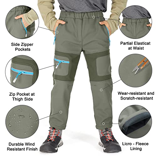 linlon Kids Boy's Snow Waterproof Pants Youth Fleece Lind Hiking Softshell Warm Insulated Ski Trousers 9056-Army Green-L