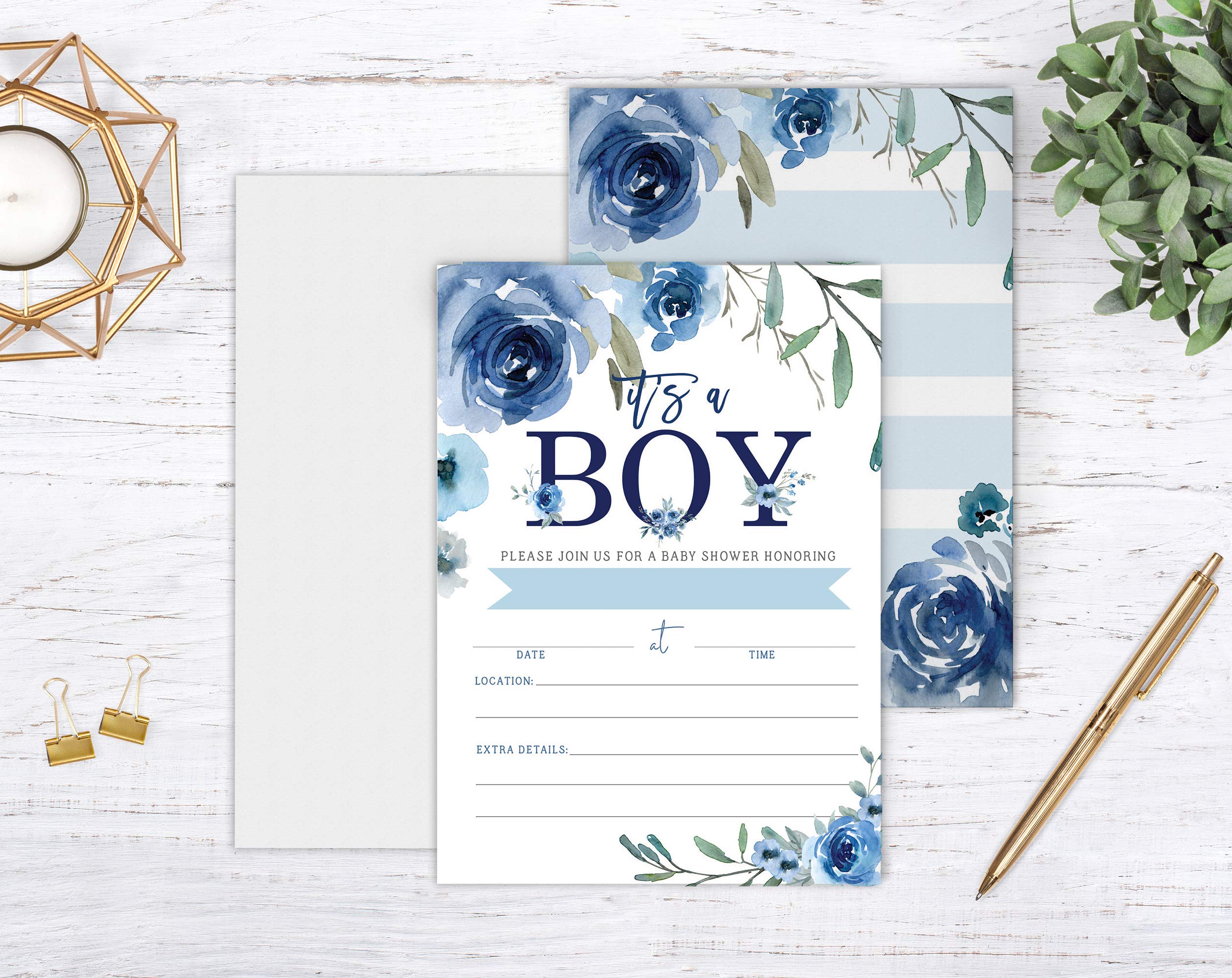 Boy Baby Shower Invitations with Book Request and Diaper Raffle Card, Blue Baby Sprinkle, 20 Fill in Invites