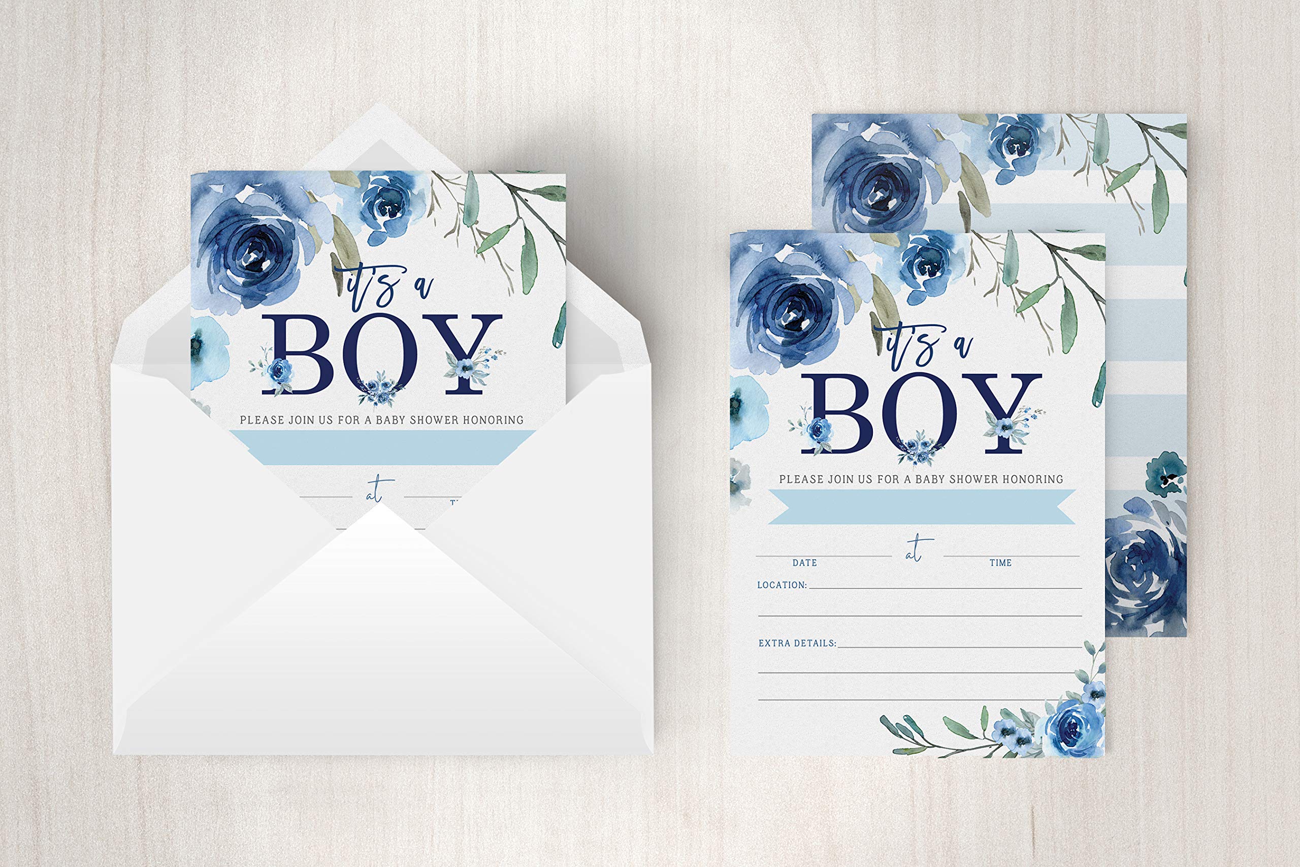 Boy Baby Shower Invitations with Book Request and Diaper Raffle Card, Blue Baby Sprinkle, 20 Fill in Invites