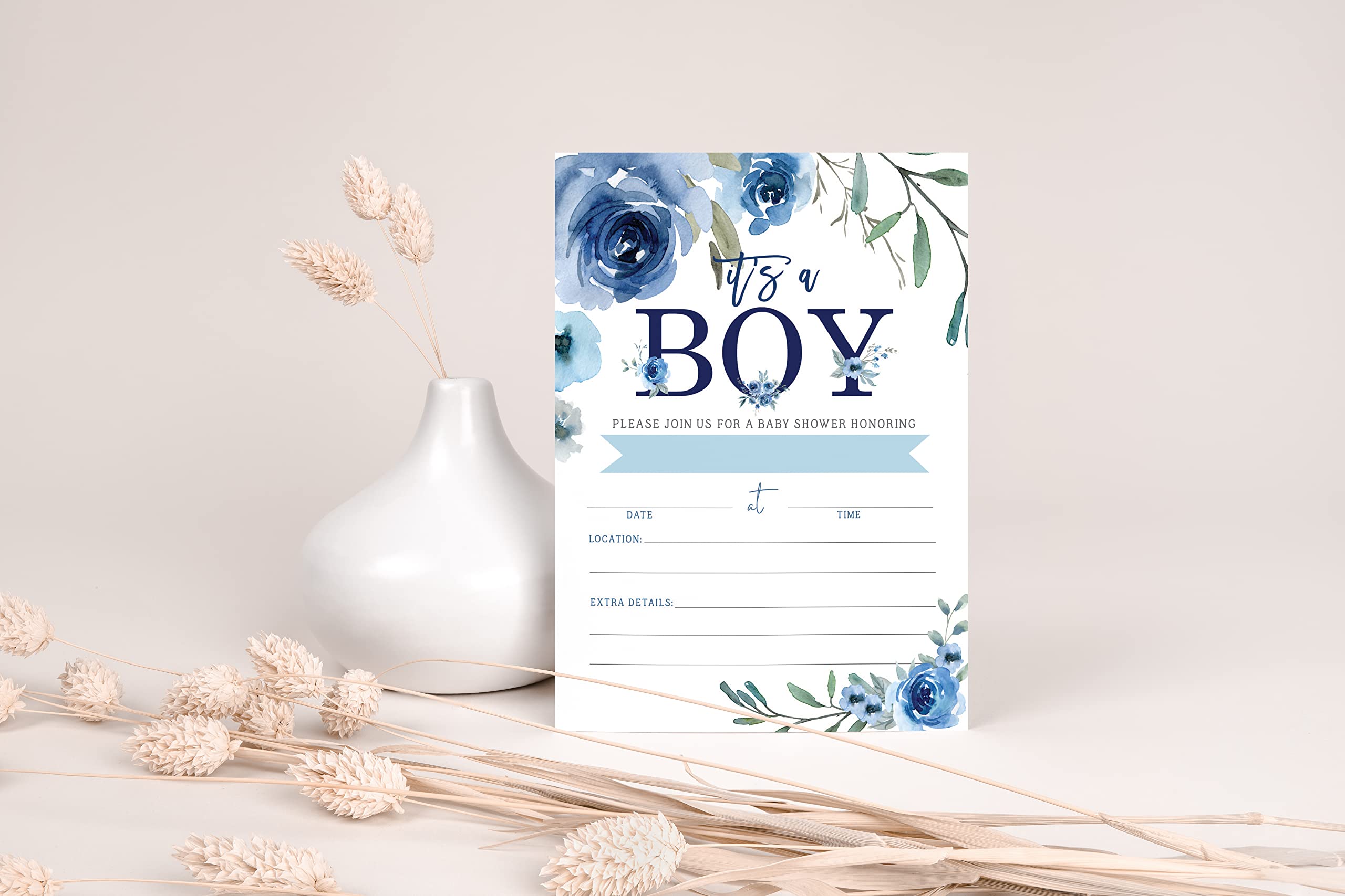 Boy Baby Shower Invitations with Book Request and Diaper Raffle Card, Blue Baby Sprinkle, 20 Fill in Invites