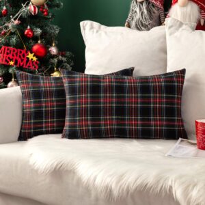 miulee christmas set of 2 scottish tartan plaid throw pillow covers farmhouse classic decorative cushion cases for decor sofa couch 12x20 inch, dark blue