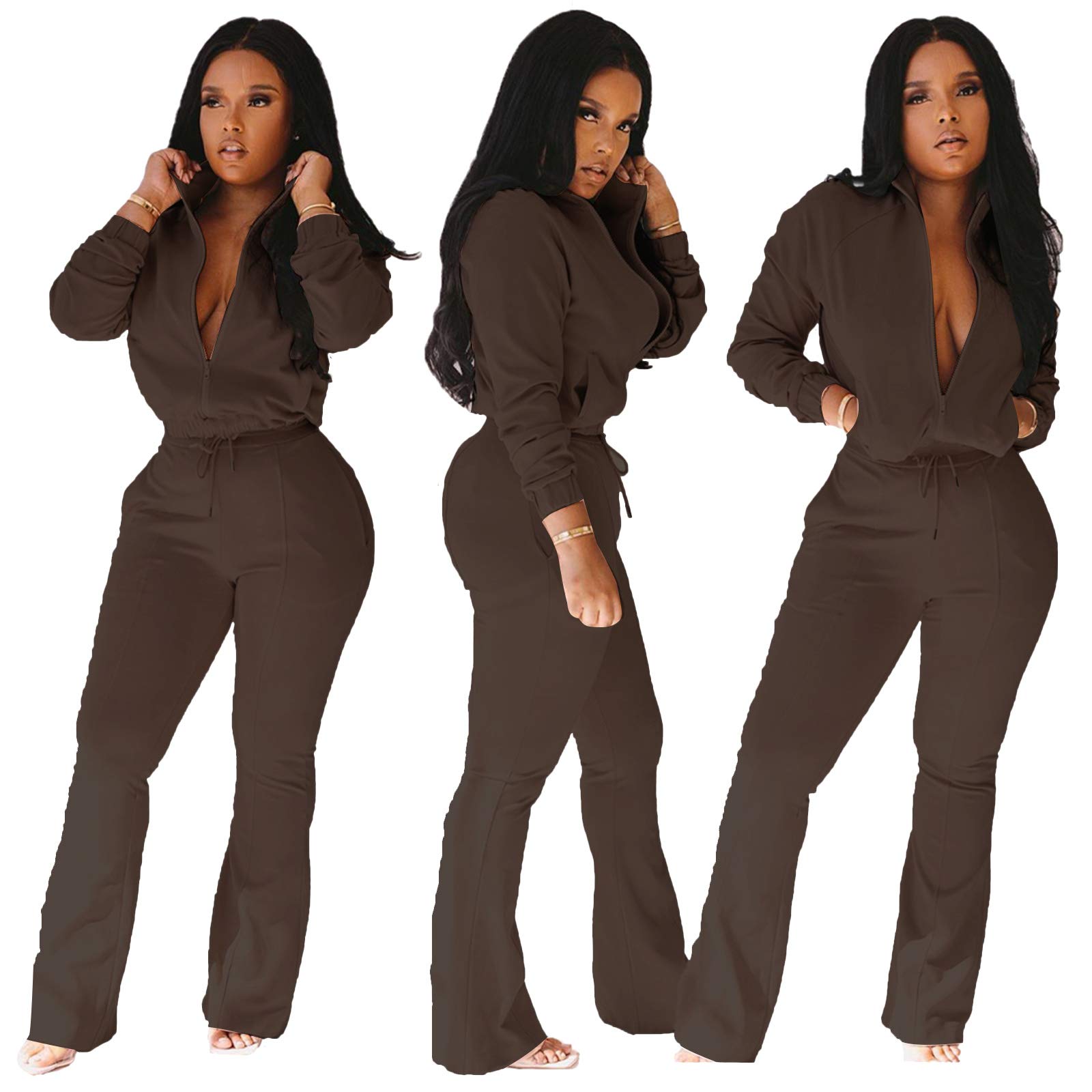 Bluewolfsea Tracksuit for Women Set - Two Piece Outfits Casual Long Sleeve Zip Top Sweatshirt + Bell Bottoms Jogging Sets Large Brown