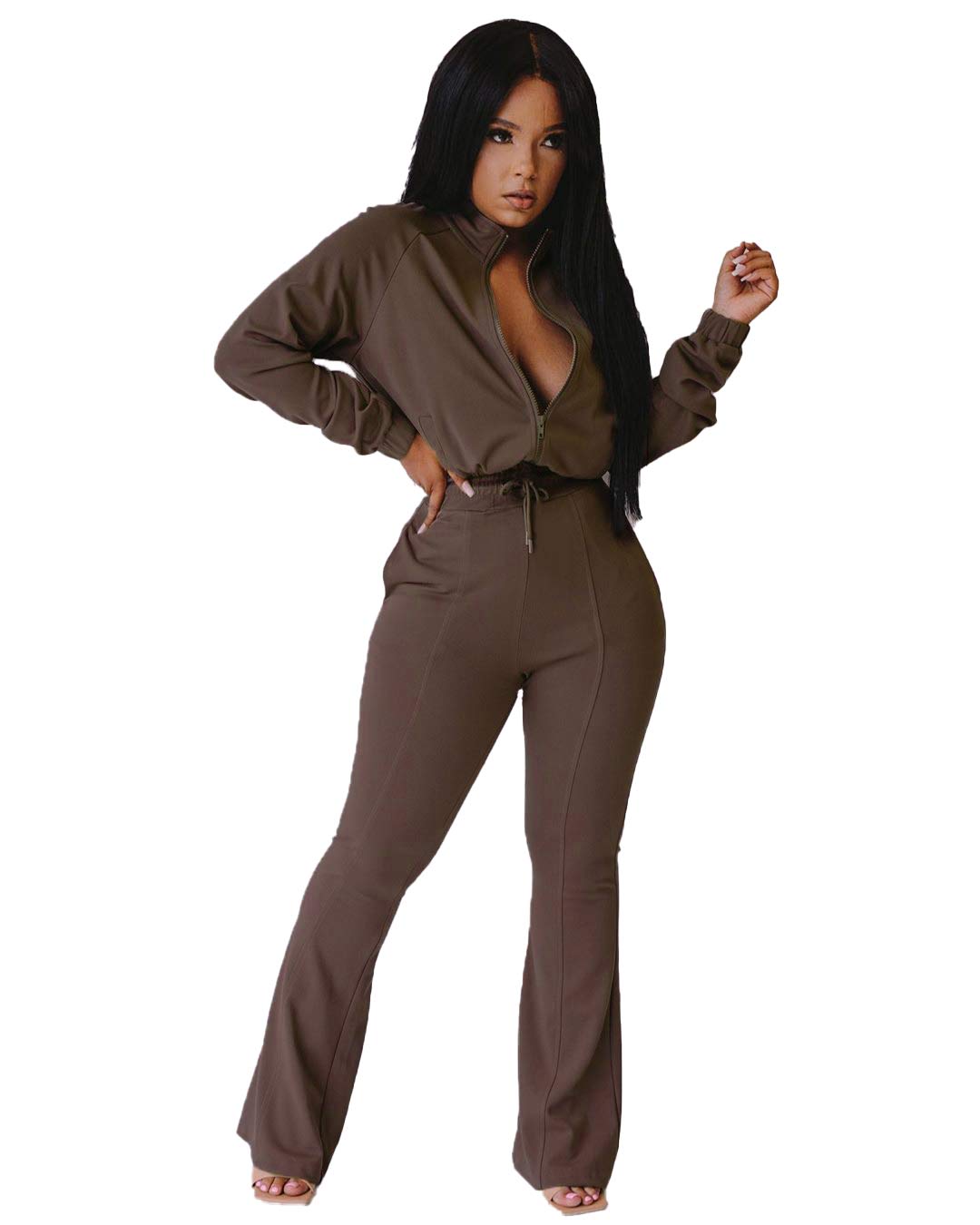 Bluewolfsea Tracksuit for Women Set - Two Piece Outfits Casual Long Sleeve Zip Top Sweatshirt + Bell Bottoms Jogging Sets Large Brown