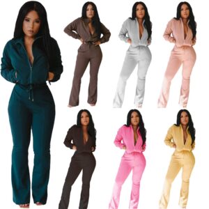 Bluewolfsea Tracksuit for Women Set - Two Piece Outfits Casual Long Sleeve Zip Top Sweatshirt + Bell Bottoms Jogging Sets Large Brown