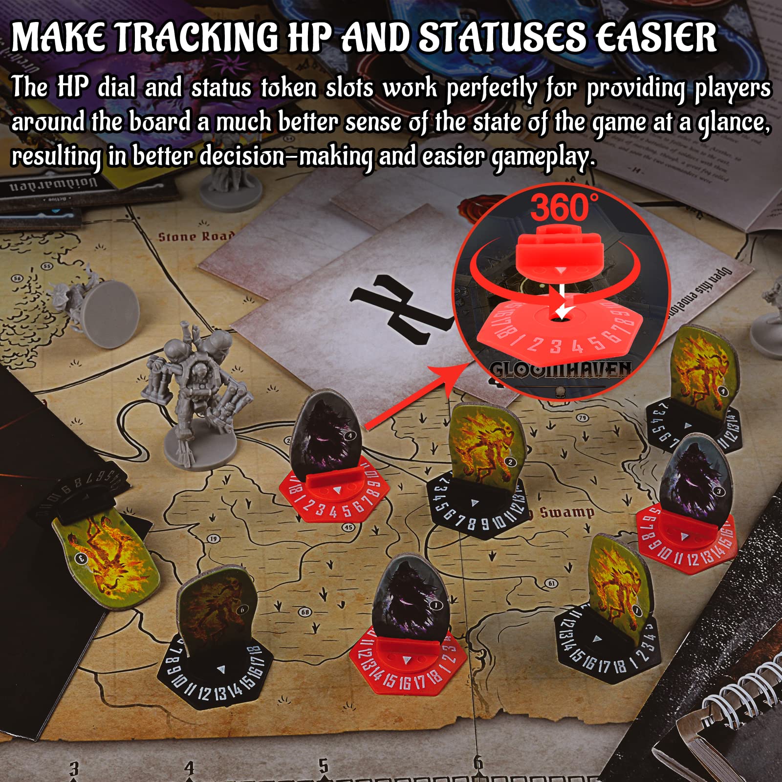 Gloomhaven Standee Bases Pack of 27 Plastic Hex Monster Stand with Health Tracker and Status Token Slots