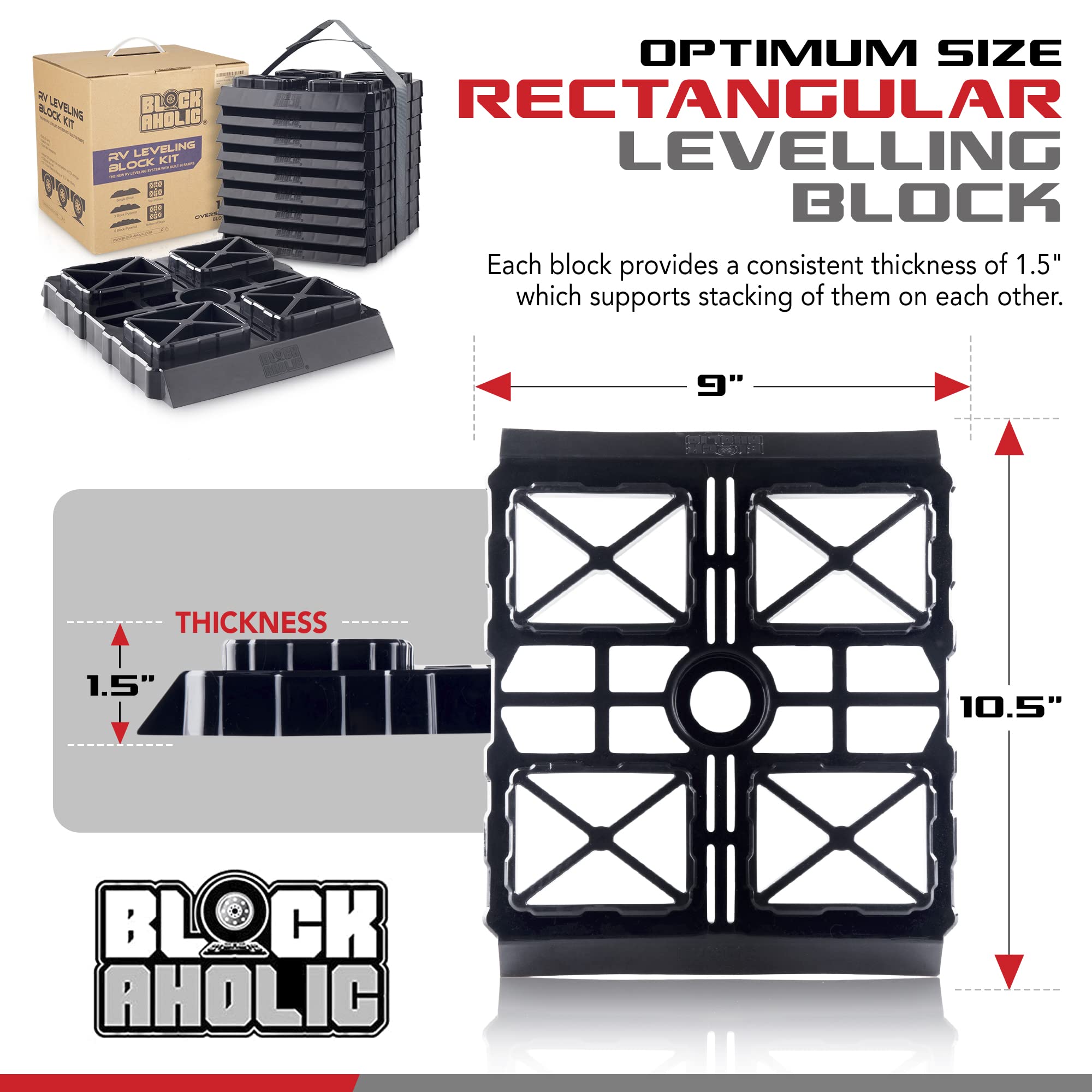 Blockaholic RV Leveling Blocks - 10 Pack of Leveling Blocks with Built-in Ramps and Carrying Strap - Lift Your RV up to 4 Inches with Fast Snap Blocks - Trailer Leveling Made Easy