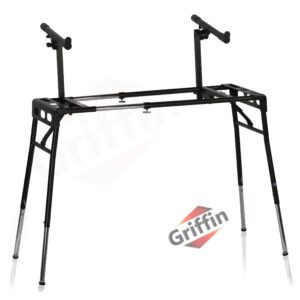 griffin 2-tier dj coffin workstation stand | double table top keyboard & laptop holder | digital piano rack mount platform for studio mixer controllers, turntable, speakers, & stage equipment