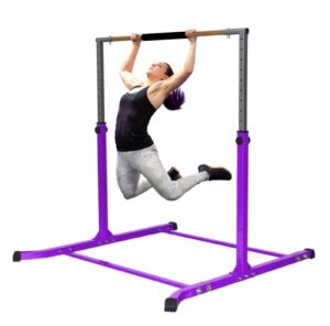 pro-gymnastics gymnastics kip bar horizontal bar professional junior gymnastic training high bar asymmetric bar 13 level height adjustable expandable 3 to 5 ft cushioned bar & curved legs (purple)