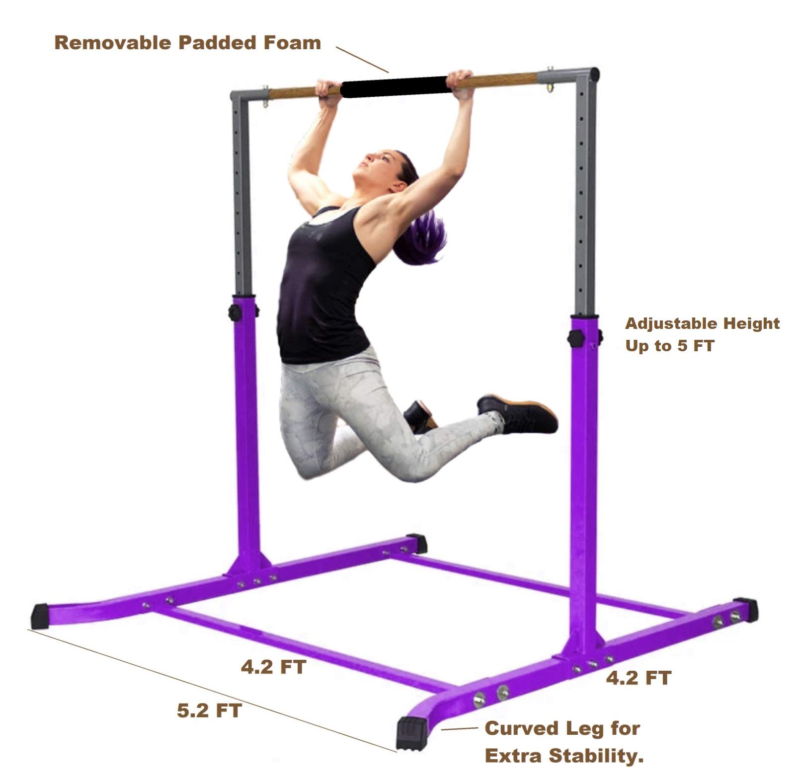 Pro-Gymnastics Gymnastics Kip Bar Horizontal Bar Professional Junior Gymnastic Training High Bar Asymmetric Bar 13 Level Height Adjustable Expandable 3 to 5 FT Cushioned Bar & Curved Legs (Purple)