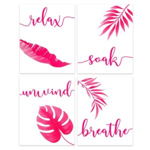 pink bathroom decor - relax, soak, unwind, breathe leaves wall art - set of 4 8 x 10 unframed prints - yoga studio art - spa decorative photos - home,office,classroom,dorm palm tree leaf monstera