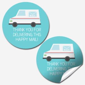 happy mail themed thank you postal worker appreciation sticker labels for small businesses, 60 1.5" circle stickers by amandacreation, great for envelopes, postcards, direct mail, & more!