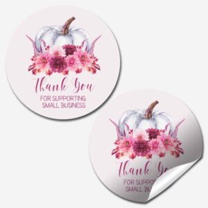 beautiful pink floral pumpkin fall & autumn thank you customer appreciation sticker labels for small businesses, 60 1.5" circle stickers by amandacreation, for envelopes, postcards, direct mail, more!