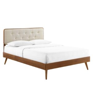 modway bridgette wood platform bed with splayed legs, double, walnut beige