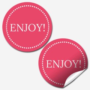 enjoy! fushia & polka dot themed thank you customer appreciation sticker labels for small businesses, 60 1.5" circle stickers by amandacreation, great for envelopes, postcards, direct mail, & more!
