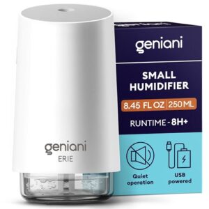 geniani portable small cool mist humidifiers 250ml - usb desktop humidifier for plants, office, car, baby room with auto shut off & night light - quiet mini humidifier (white)