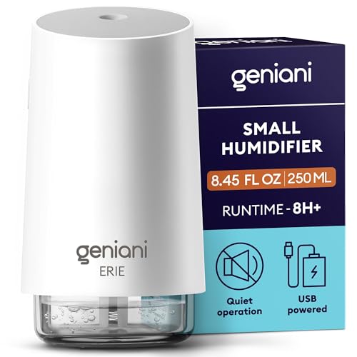 GENIANI Portable Small Cool Mist Humidifiers 250ML - USB Desktop Humidifier for Plants, Office, Car, Baby Room with Auto Shut Off & Night Light - Quiet Mini Humidifier (White)