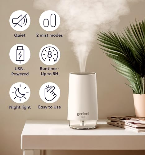 GENIANI Portable Small Cool Mist Humidifiers 250ML - USB Desktop Humidifier for Plants, Office, Car, Baby Room with Auto Shut Off & Night Light - Quiet Mini Humidifier (White)