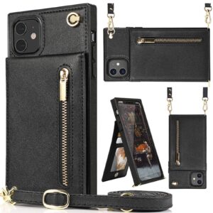 iphone 11 case,crossbody wallet case leather with card holder,kickstand,magnetic closure flip folio zipper purse,adjustable removable strap,square corners protective back cover for iphone 11-black