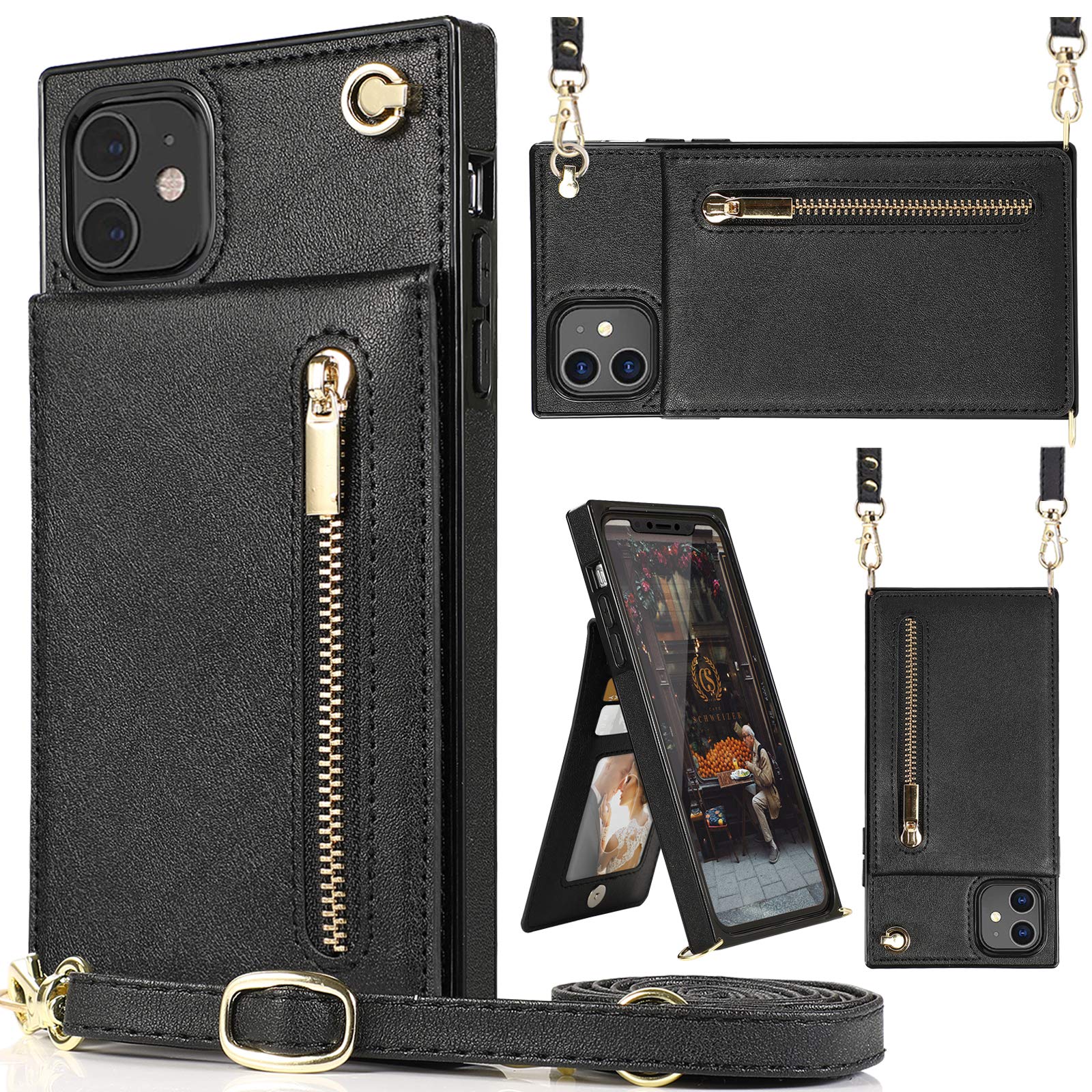 iPhone 11 case,Crossbody Wallet Case Leather with Card Holder,Kickstand,Magnetic Closure Flip Folio Zipper Purse,Adjustable Removable Strap,Square Corners Protective Back Cover for iPhone 11-Black